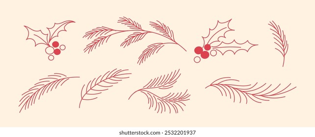 Ilustrações de linha de natal extravagantes, alegre natal e vibrações festivas, formas de linha e formas, ícones e elementos de design em estilo de linha