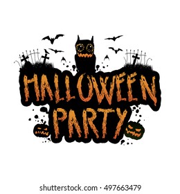 Vector whimsical, grungy, scribbled style typographical Halloween illustration with bats, pumpkin, and monster, decoration element