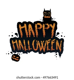 Vector whimsical, grungy, scribbled style typographical Halloween illustration with pumpkin, and monster, decoration element