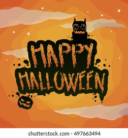 Vector whimsical, grungy, scribbled style typographical Halloween illustration with pumpkin, and monster, decoration element