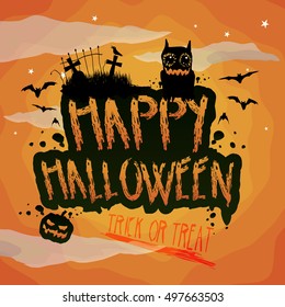 Vector whimsical, grungy, scribbled style typographical Halloween illustration with creepy monster, bats and cemetery scene