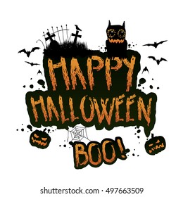 Vector whimsical, grungy, scribbled style typographical Halloween illustration with bats, pumpkin, raven, and monster, decoration element