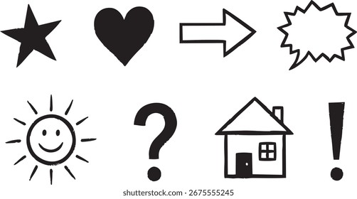 Coleção De Ícones De Rabiscar Desenhados À Mão De Vetor. Sketchy Set of Stars, Heart, House, Nature, and Everyday Symbols for Creative Design Projects (Conjunto de Estrelas, Coração, Casa, Natureza e Símbolos Diários para Projetos de Design Criativo).