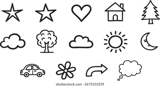 Vector Whimsical Hand-Drawn Doodle Icons Collection. Sketchy Set of Stars, Heart, House, Nature, and Everyday Symbols for Creative Design Projects.