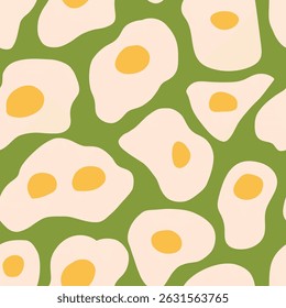 Vector whimsical hand-drawn fried eggs seamless pattern in pastel green, white and yellow. Playful, trendy design for social media, stationery, home decor, and branding.