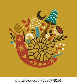 vector whimsical illustration in retro folk scandinavian style, a snail crawling between mushrooms