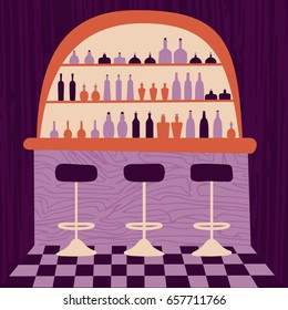 a vector whimsical interior illustration; a bar scene or background in bright flat cartoon style; with a variety of bottles; a trendy modern design