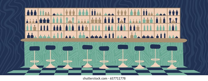 A Vector Whimsical Interior Illustration; A Bar Scene Or Background In Bright Flat Cartoon Style; With A Variety Of Bottles; A Trendy Modern Design