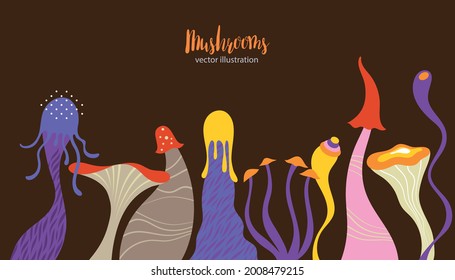 Vector whimsical Mushrooms, fairy tale flora, game design elements fictional plants