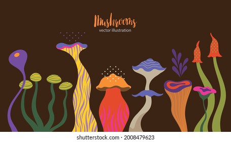 Vector whimsical Mushrooms, fairy tale flora, game design elements fictional plants