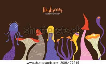 Vector whimsical Mushrooms, fairy tale flora, game design elements fictional plants