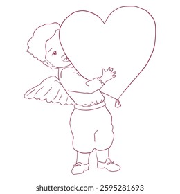 Vector whimsical outlie flat illustration of Cute Cupid Boy Character with wings behind his and heart shape.
