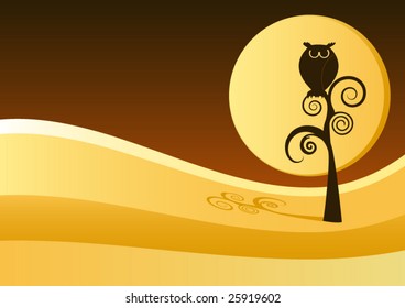 Vector Whimsical Owl against Night Landscape