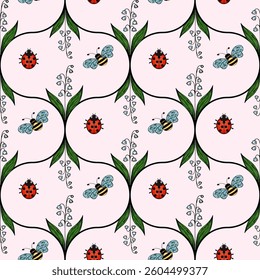 A vector whimsical pattern featuring ladybugs and bees surrounded by green leaves and delicate vines on a soft pink background.
