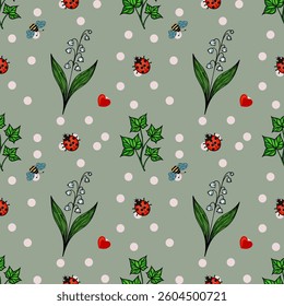 A vector whimsical pattern featuring ladybugs, bees, flowers, and hearts on a green background. The design includes polka dots and various plants, creating a cheerful and playful aesthetic.