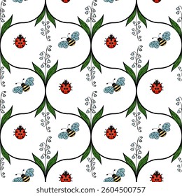A vector whimsical pattern featuring ladybugs and bees surrounded by green leaves and vines on a white background.