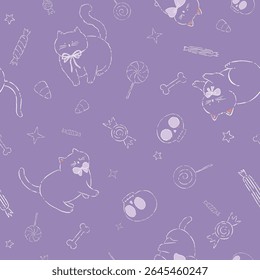 Vector Whimsical Playful Cats and Halloween Decorations seamless pattern