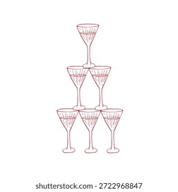 Vector caprichoso torre de champán rojo. Cócteles con vasos rojos sobre fondo blanco
