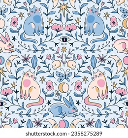 Vector whimsical seamless pattern in hand-drawn style. Halloween print design. Cute magic cats and rabbits, mystical flowers and funny skulls. Seamless pattern design for fabric ow wallpaper. 