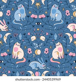 Vector whimsical seamless pattern in hand-drawn style. Halloween print design. Cute magic cats and rabbits, mystical flowers and funny skulls. Seamless pattern design for fabric ow wallpaper. 