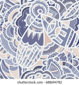 Vector whimsical seamless pattern in pastel hues. Fancy meditative background. Boho, hippie, gypsy design. Zentangle style.