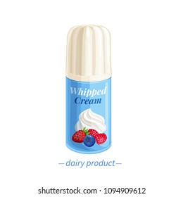 Vector whipped cream bottle icon. Sweet dairy product. Cartoon style.