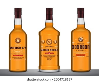 Vector whiskey, bourbon and scotch whisky labels and glass bottle mockups