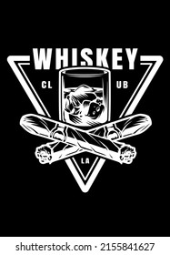 Vector whiskey with cigar and glass with ice black background