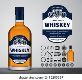 Vector whisky etiqueta diseño. Maqueta de botella de vidrio de whisky. Destilación de Elementos de diseño empresariales