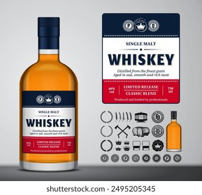 Vector whiskey label design. Whiskey glass bottle mockup. Distilling business design elements