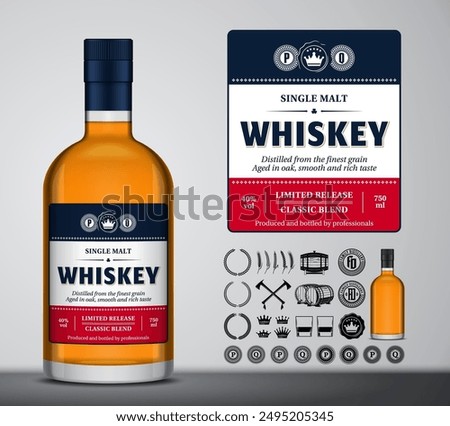 Vector whiskey label design. Whiskey glass bottle mockup. Distilling business design elements