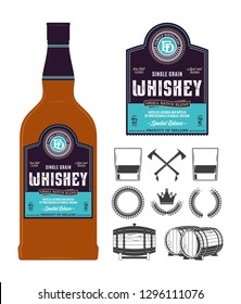Vector whiskey label on a bottle. Distilling business branding and identity icons and design elements.