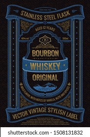 Vector whiskey label, sticker on bottle or flask of alcoholic drink. Vertical black bourbon logo with logo. Frame with ribbons, text and patterns for packaging.