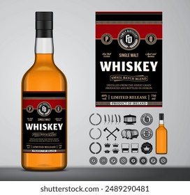 Vector whiskey label template. Whiskey glass bottle mockup. Distilling business branding and identity design elements