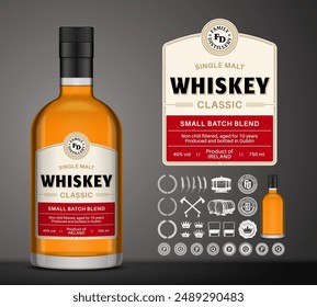 Vector whiskey label template. Whiskey glass bottle mockup. Distilling business branding and identity design elements