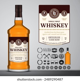 Vector whiskey label template. Whiskey glass bottle mockup. Distilling business branding and identity design elements