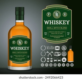 Vector whiskey label template. Whiskey glass bottle mockup. Distilling business branding and identity design elements