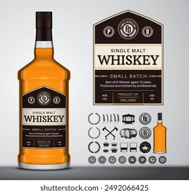 Vektorgrafik Whiskey Label Vorlage. Whiskey Glas Flasche Mockup. Destillation von Business-Branding und Identity-Design-Elementen