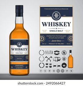 Plantilla de etiqueta de whisky de Vector. Maqueta de botella de vidrio de whisky. Destilación de marca comercial y Elementos de diseño de identidad