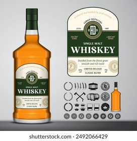 Vector whiskey label template. Whiskey glass bottle mockup. Distilling business branding and identity design elements