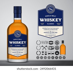 Vector whiskey label template. Whiskey glass bottle mockup. Distilling business branding and identity design elements