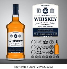 Vector whiskey label template. Whiskey glass bottle mockup. Distilling business design elements