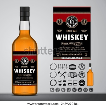 Vector whiskey label template. Whiskey glass bottle mockup. Distilling business branding and identity design elements