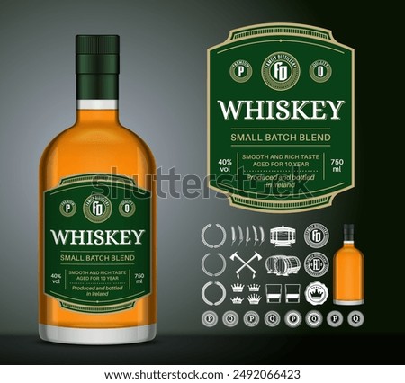 Vector whiskey label template. Whiskey glass bottle mockup. Distilling business branding and identity design elements