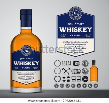 Vector whiskey label template. Whiskey glass bottle mockup. Distilling business branding and identity design elements