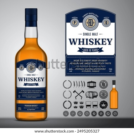 Vector whiskey label template. Whiskey glass bottle mockup. Distilling business design elements