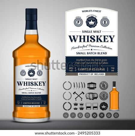 Vector whiskey label template. Whiskey glass bottle mockup. Distilling business design elements