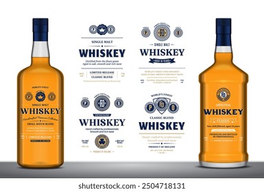 Vector whiskey labels and whiskey glass bottle mockups