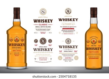 Etiquetas de whisky de Vector y maquetas de botellas de vidrio de whisky