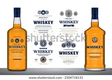 Vector whiskey labels and whiskey glass bottle mockups